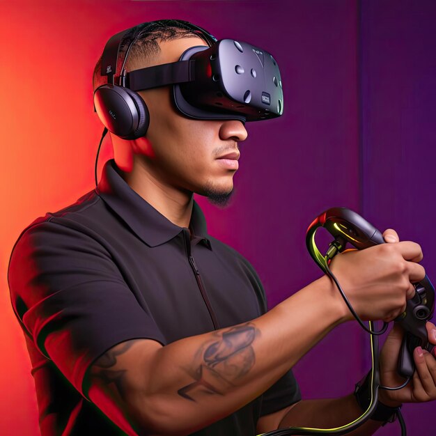 Young African American man playing video games with virtual reality headset