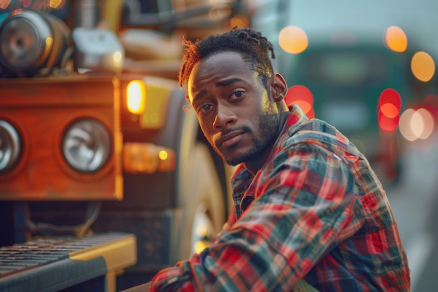 Photo young african american man in roadside assistance towing service