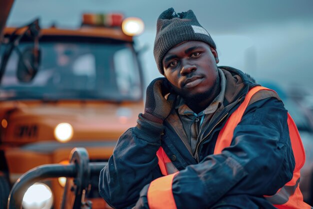 Photo young african american man in roadside assistance towing service