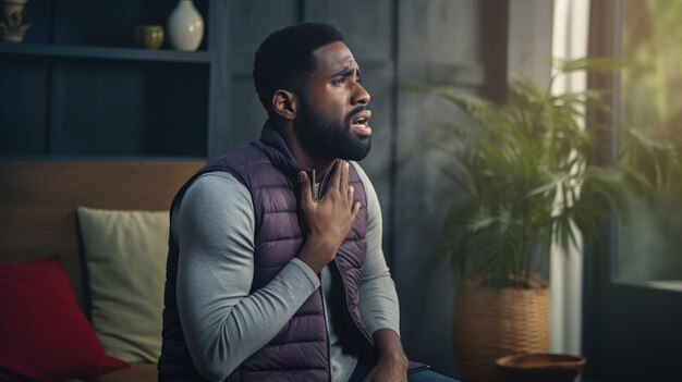 Photo young african american man sitting on the couch at home and coughing suffers from an attack