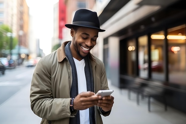 Foto giovane uomo afroamericano che sorride mentre usa il telefono in una strada della città