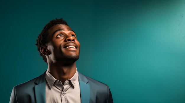 Young african american man in suit looking up on blue background