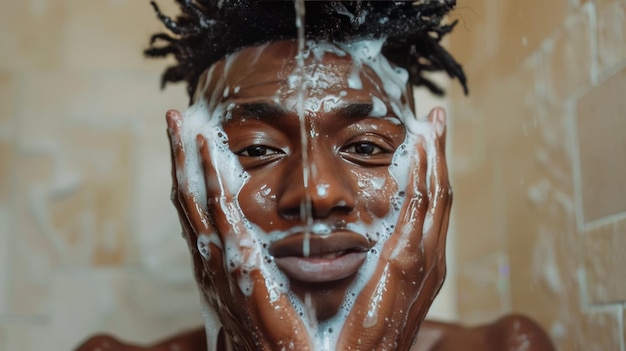 Foto giovane afroamericano che si fa la doccia e si lava la faccia.
