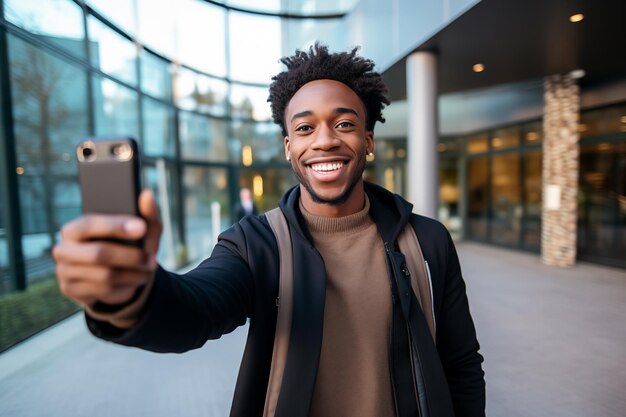 Photo young african american man using mobile phone