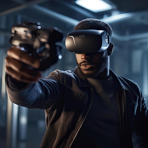 Young African American man in virtual reality headset playing game