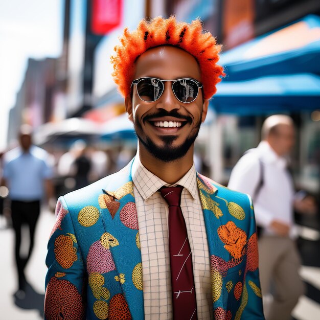 young african american man wearing colorful clothes and sunglasses smiling happy walking at the