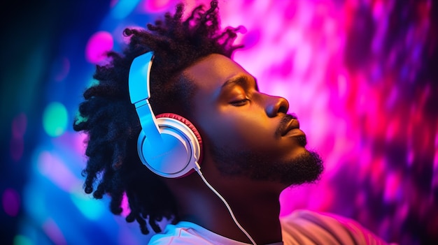 Young African American man wearing headphones listening to music in neon background