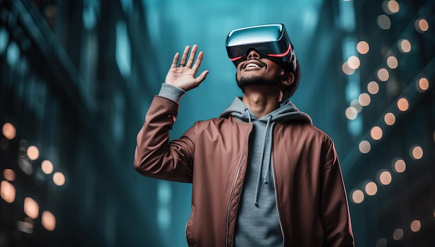 Young african american man wearing virtual reality goggles on city background