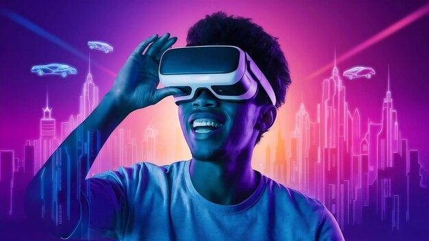 Young african american mans playing in vr glasses in neon light on gradient