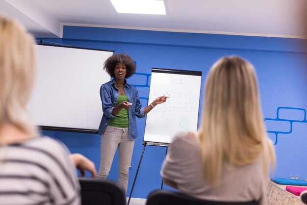 Photo young african american speaker seminar corporate business meeting concept