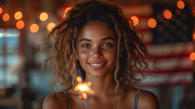 Young african american woman on a blurred american flag background