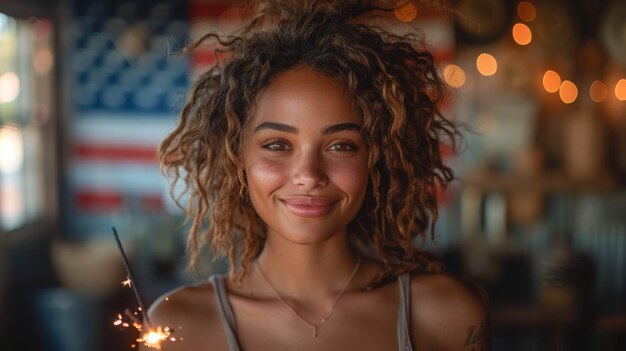 Young african american woman on a blurred american flag background