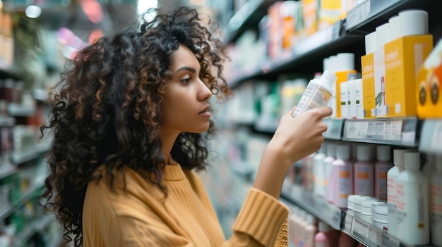 Young african american woman choosing medicine in drugstore Focus on foreground