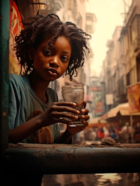 Young african american woman drinking water in the city street
