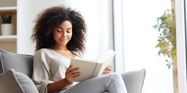 A young African American woman drinks coffee reads a book and sits in a chair