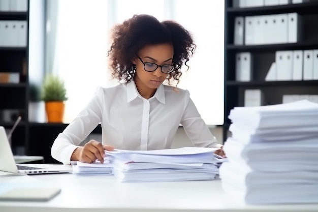 Foto giovane donna afroamericana con occhiali in ufficio con un sacco di documenti da lavorare