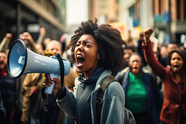 A young African American woman is chanting her demands through a megaphone Portrait of a radicalized young black woman Crowd of demonstrators on background