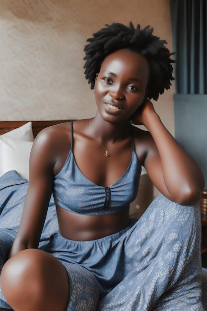 Young african american woman in nightgown sitting on bed