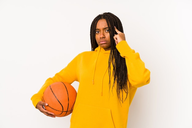 Young african american woman playing basketball isolated pointing temple with finger, thinking, focused on a task.