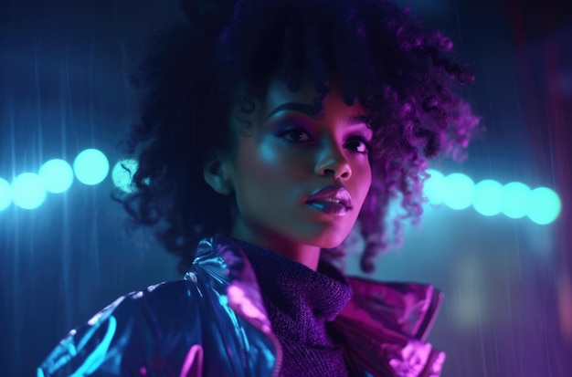 Young African American woman under purple neon lights