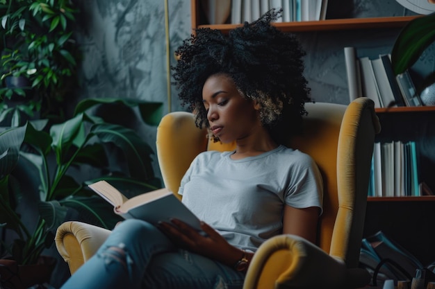 Young African American woman relaxes at home with coffee and book