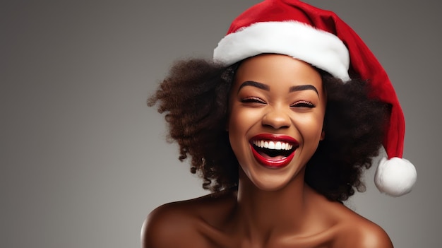 young african american woman in santa claus hat created with Generative Al technology