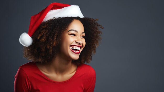 young african american woman in santa claus hat created with Generative Al technology