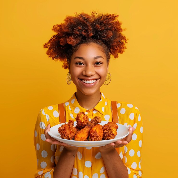 young african american woman serving fried chicken on plate