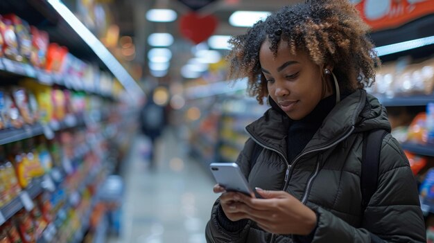 Young African American Woman Shopping with Grocery Cart