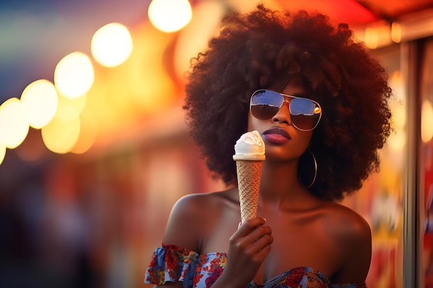 Young african american woman smiling happy on a summer evening on the street eating a ice cream in cone