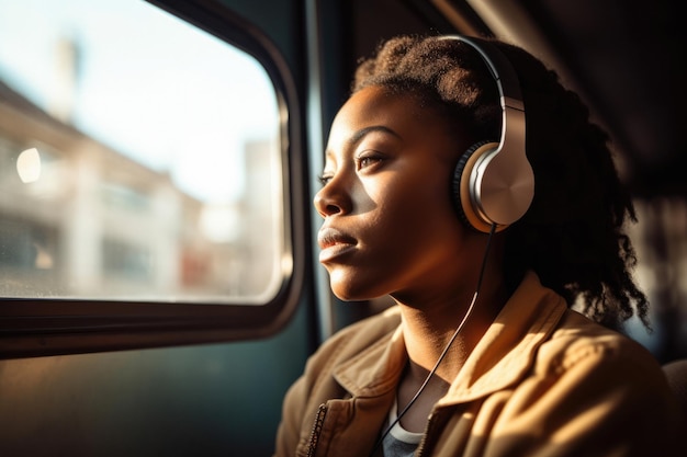 young african american woman traveling sitting in a city bus while listening to music