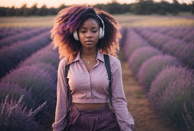 Young African American woman wearing headphones in lavender field
