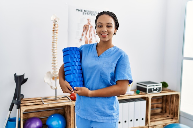 Photo young african american woman wearing physio therapist uniform holding foam roller at clinic