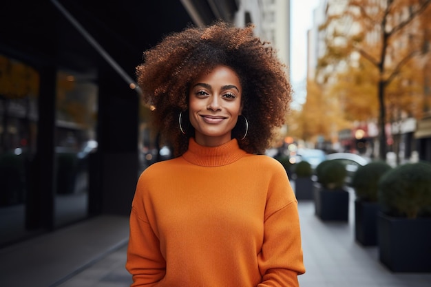 アフロの髪型ストリートポートレート秋シーズンのライフスタイルコンセプトを持つ若いアフリカ系アメリカ人女性