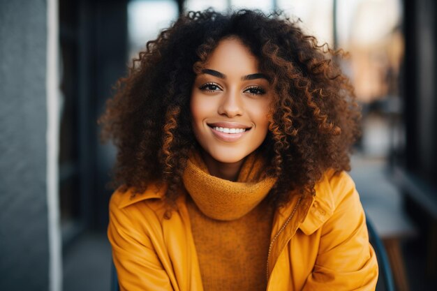 アフロ・ヘアスタイルの若いアフリカ系アメリカ人女性のストリートポートレート 秋季のライフスタイルコンセプト