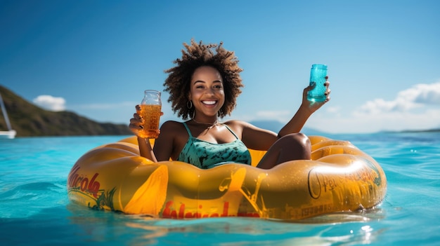 Young african american woman with cocktail and inflatable ring in sea Generative AI