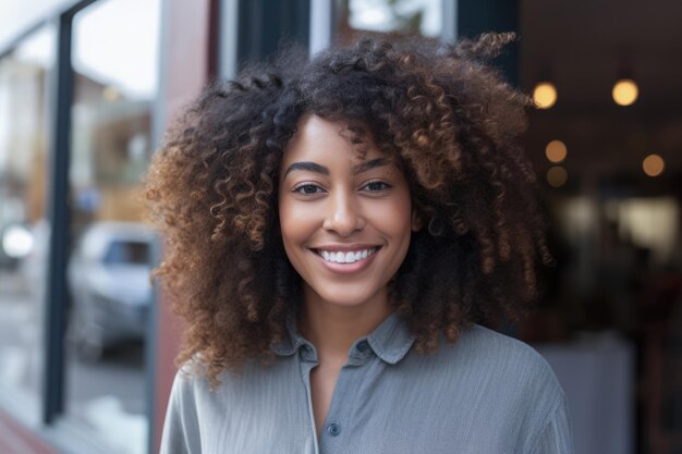 Young African American Woman with curly hair standing in front of a shop