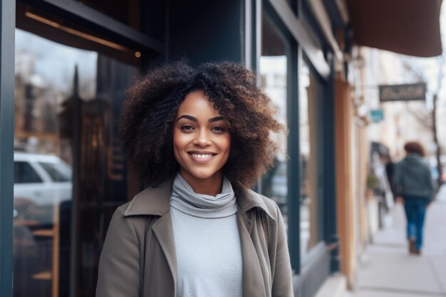 Young African American Woman with curly hair standing in front of a shop