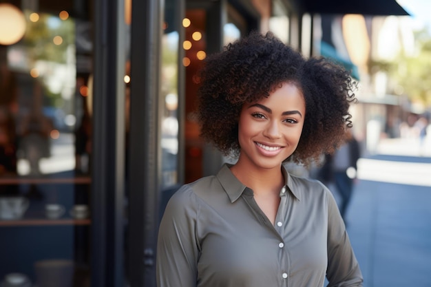 Young African American Woman with curly hair standing in front of a shop