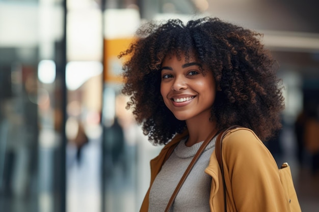 Young African American Woman with curly hair standing in front of a shop