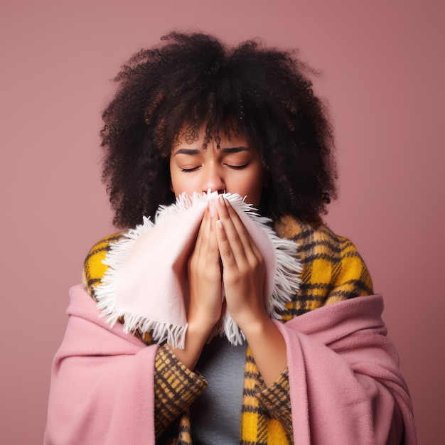 Young African American woman with flu Blowing her nose