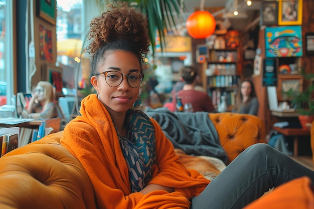 Young African American woman with glasses relaxing on a couch in a cozy vibrant cafe