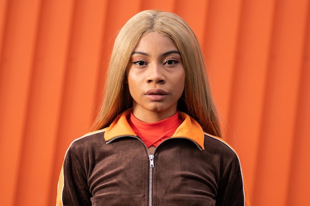 Photo young african american woman with long blonde hair and sportswear on an orange background