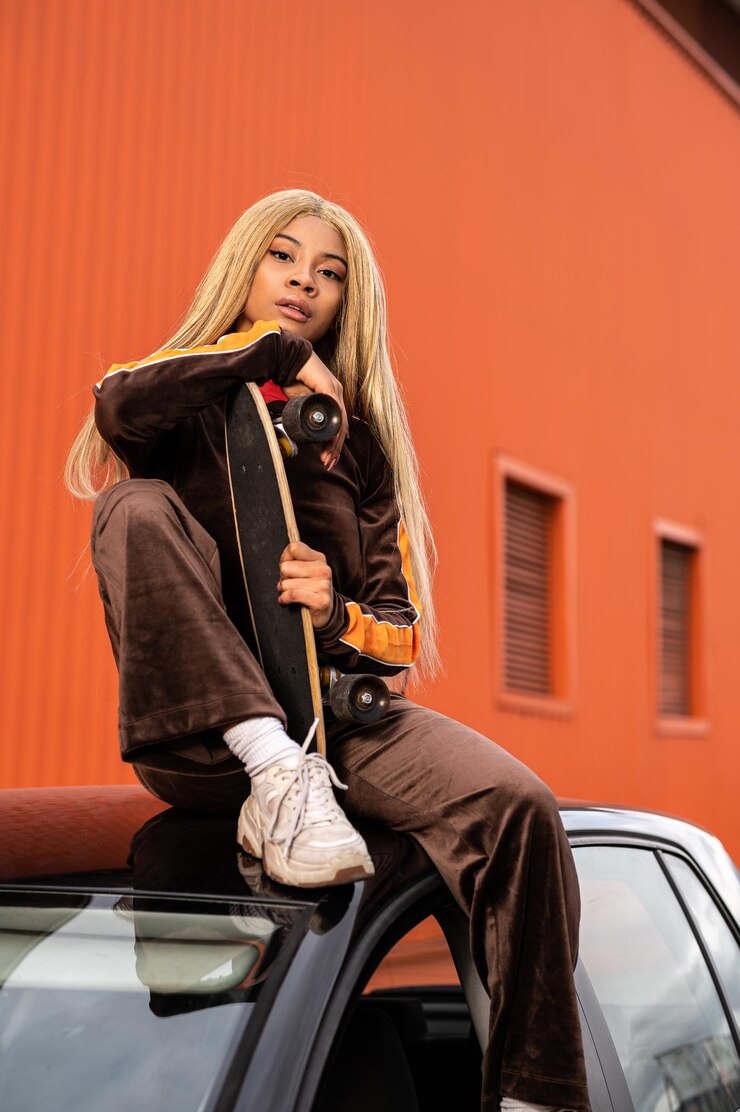 Photo young african american woman with long blonde hair and sportswear on an orange background