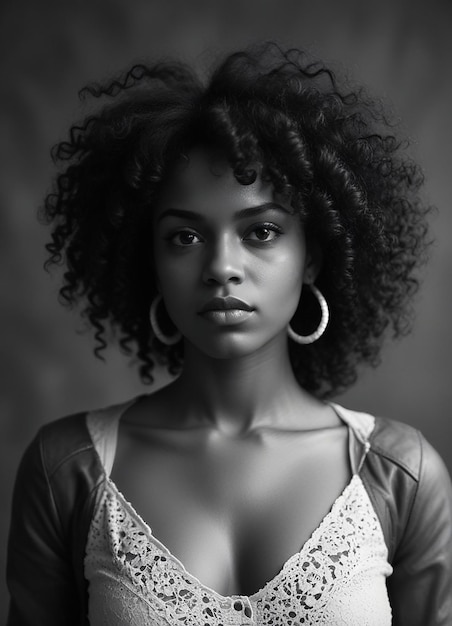 Foto una giovane donna afroamericana con lunghi capelli neri ricci e un'espressione sul viso