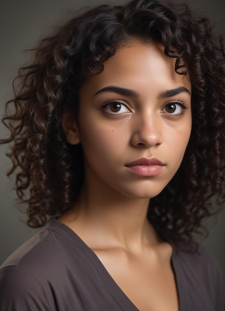 Photo a young african american woman with long curly black hair and an expression on her face