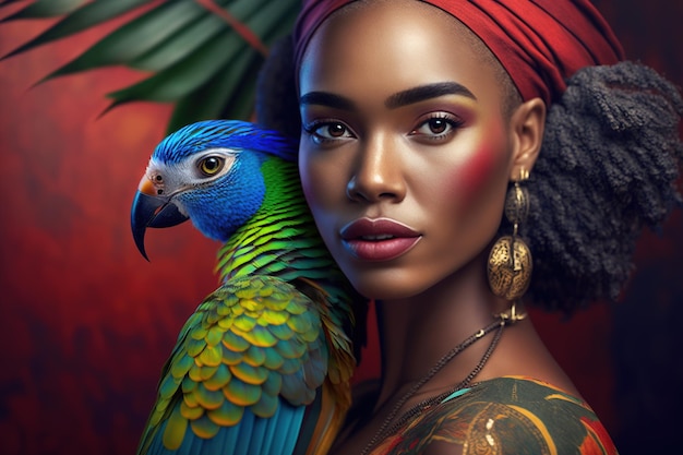 Young African American woman with a parrot on her shoulder art photogenerative AI