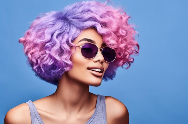 Young African American woman with vibrant pink curly hair wearing retro clothes