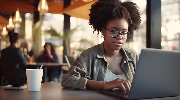 A young african american woman working on laptop freelancer or student