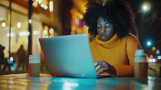 Young african american woman working with laptop at a cafe